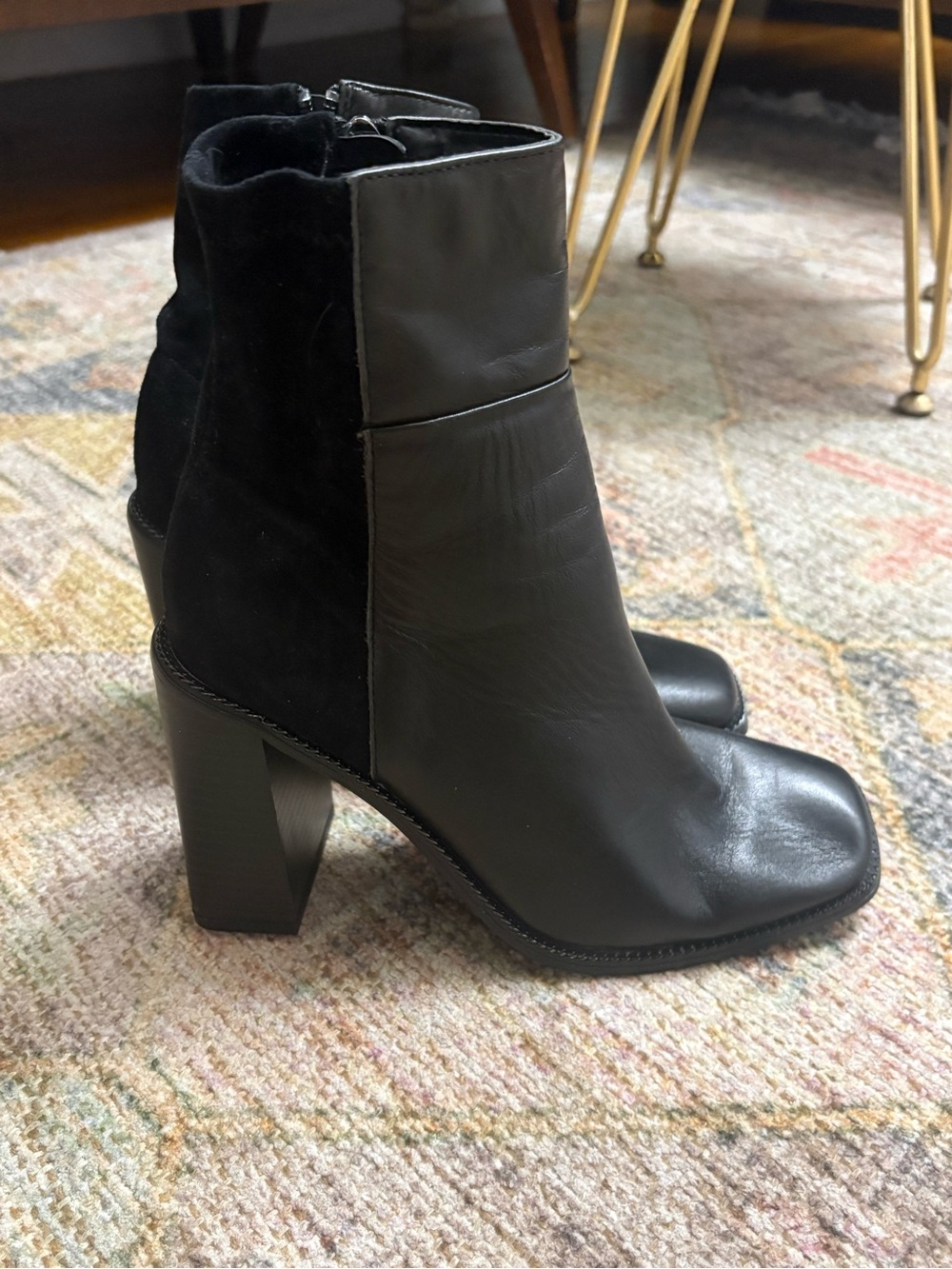 Aldo Black Leather and Suede Block Heel Ankle Boots